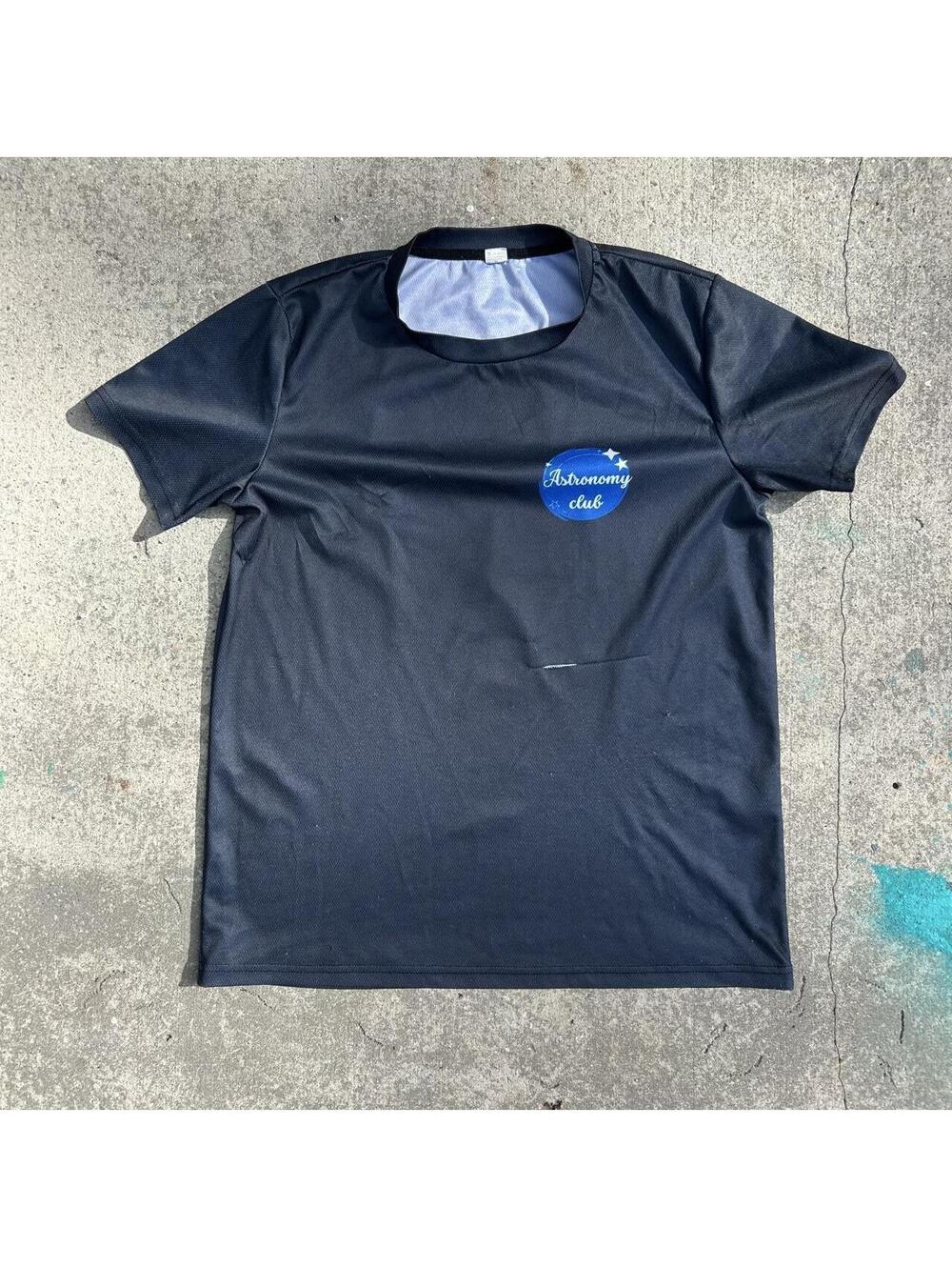 Navy blue polyester t-shirt with blue circular logo featuring white stars